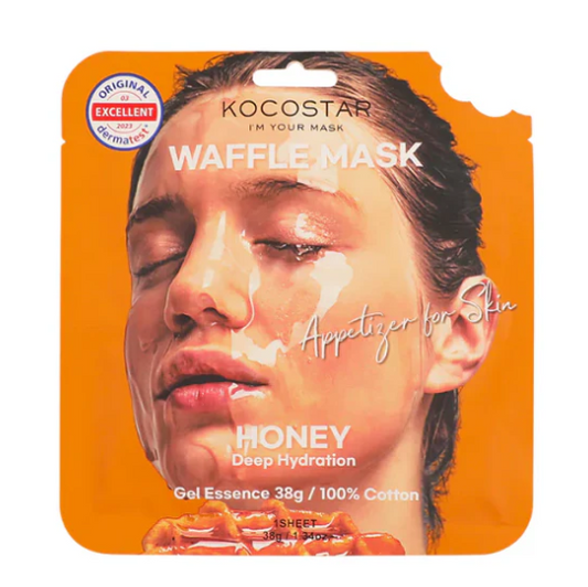 Kocostar waffle mask packaging with a person's face on it, featuring honey deep hydration.