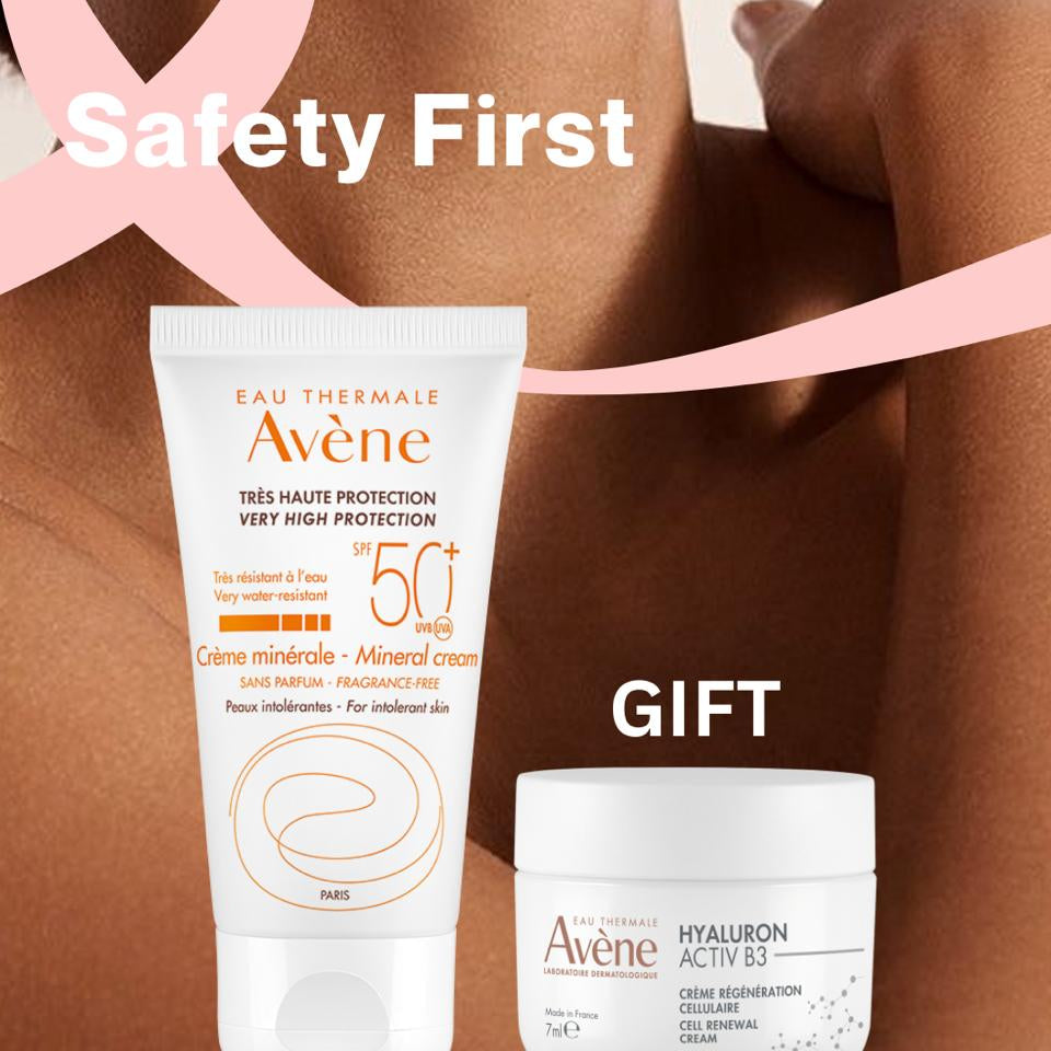 Avene sunscreen products with a pink ribbon and 'Safety First' text on a brown background