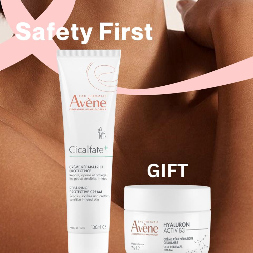 Avene skincare products with a pink ribbon and 'Safety First' text on a beige background