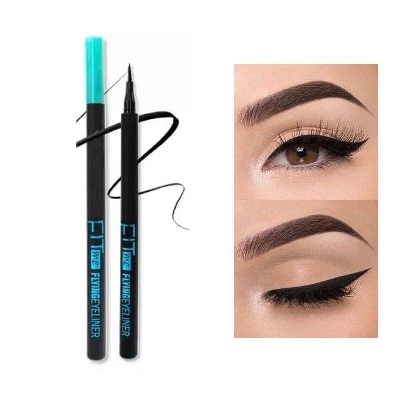 Two eyeliner pencils with a close-up of an eye wearing black eyeliner. maybelline