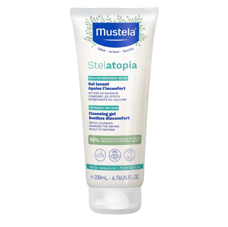 Mustela Stelatopia cleansing gel tube on a white background