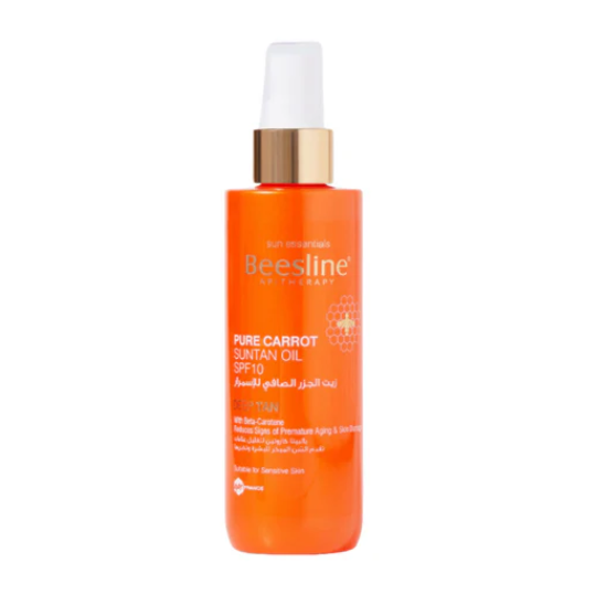 Orange bottle of Beesline Pure Carrot Sun Tan Oil with white cap on a white background