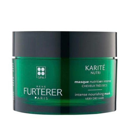 Green hair mask jar with black lid and René Furterer branding on a white background