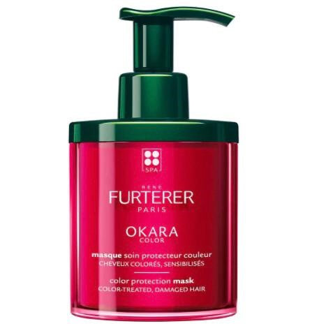 Red bottle with green pump of Rene Furterer Okara Color mask on a white background
