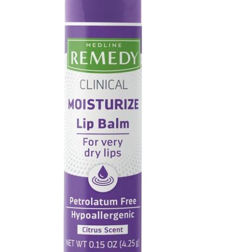 Lip balm container with purple and white label on a white background
