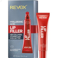 Revox lip filler packaging with red tube and gray box on a white background