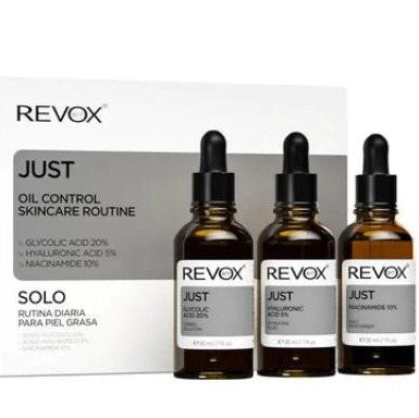 Revox skincare routine with oil control focus on a white background