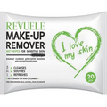 Revuele makeup remover wet wipes packaging with green heart design and text.