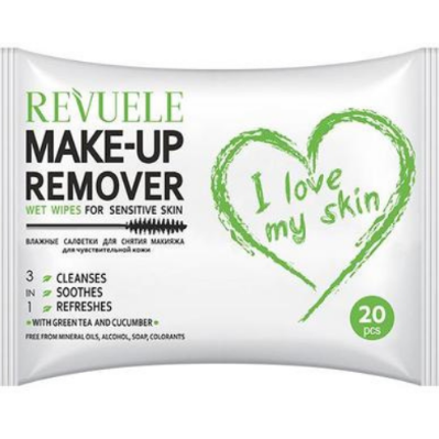 Revuele makeup remover wet wipes packaging with green heart design and text.