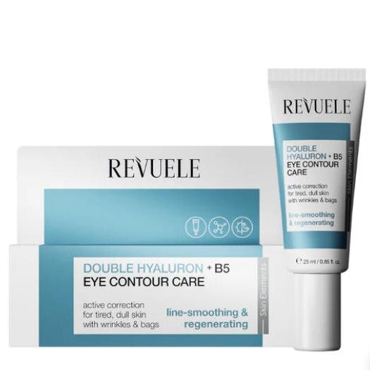 Revuele Double Hyaluron + B5 Eye Contour Care packaging and tube on a white background
