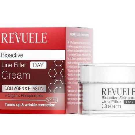 Revuele Bioactive Line Filler Day Cream packaging with cream container on a white background