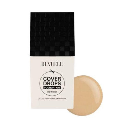Revuele Cover Drops Foundation packaging with a light beige sample on a white background