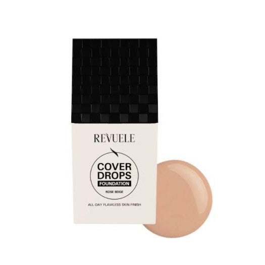 Revuele Cover Drops foundation packaging with a swatch on a white background