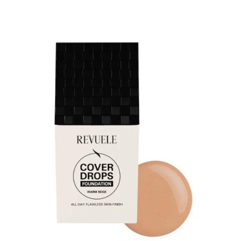 Revuele Cover Drops foundation bottle with black cap and beige shade on white background