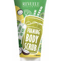 Revuele foaming body scrub tube with coconut and mint design on a white background