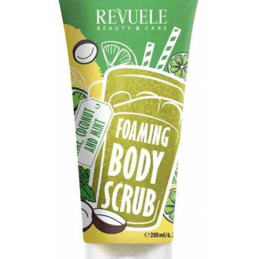 Revuele foaming body scrub tube with coconut and mint design on a white background