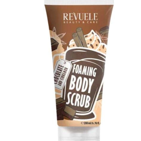 Revuele foaming body scrub with chocolate and cinnamon design on a white background
