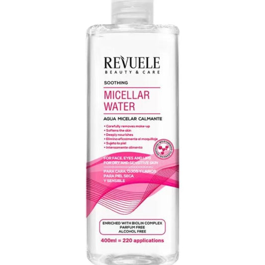 Revuele micellar water bottle on a white background