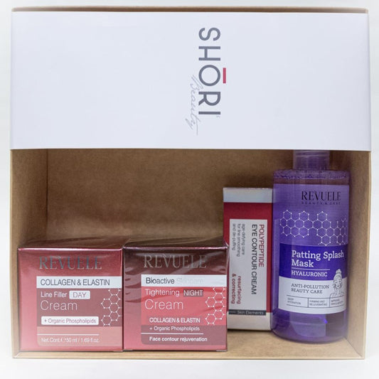 Revuele skincare products including a mask and cream in a box with Shori branding.