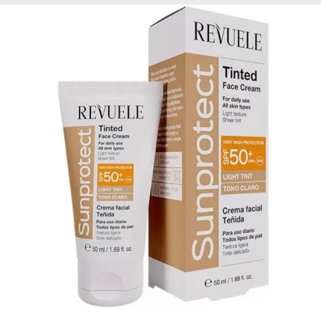 Revuele Sunprotect Tinted Face Cream with tube and packaging on a white background