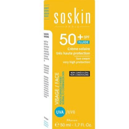 Soskin sun cream packaging with SPF 50 on a white background