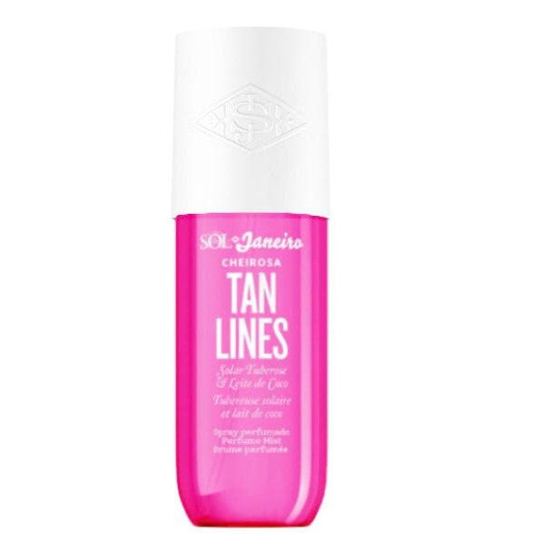 Pink and white bottle of Sol de Janeiro Tan Lines product on a white background