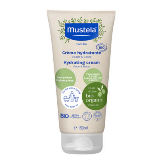 Mustela hydrating cream tube on a white background