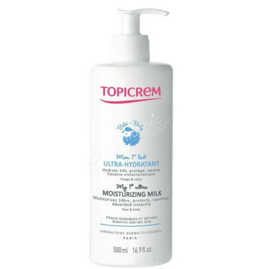 Topicrem moisturizing milk bottle on a white background