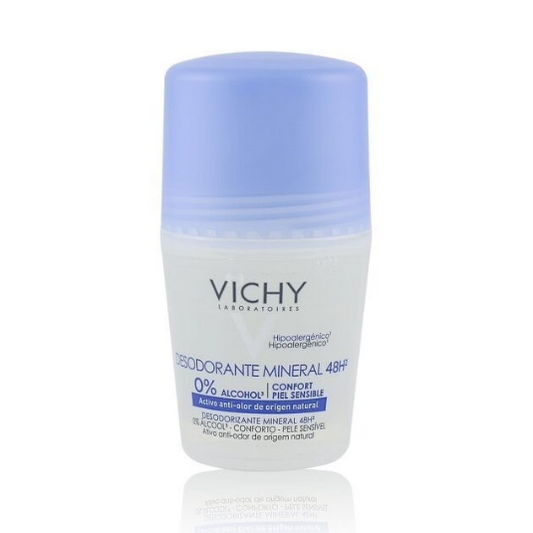 Vichy deodorant roll-on with blue cap on a white background