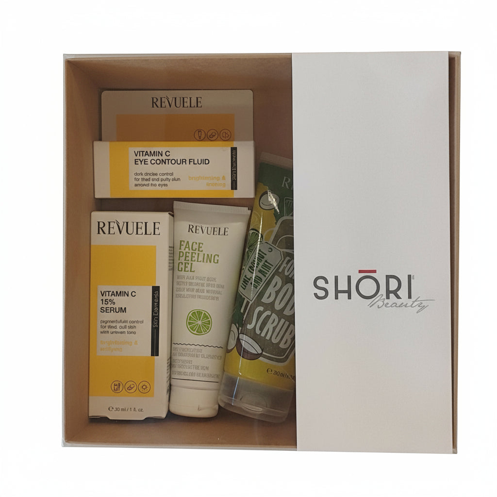 Skincare products in a box with Revuele and Shori branding.