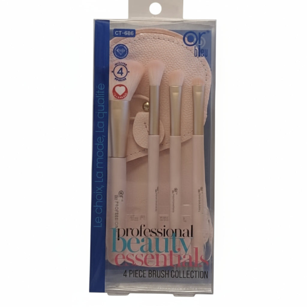 Set of makeup brushes in packaging with visible branding on a plain background