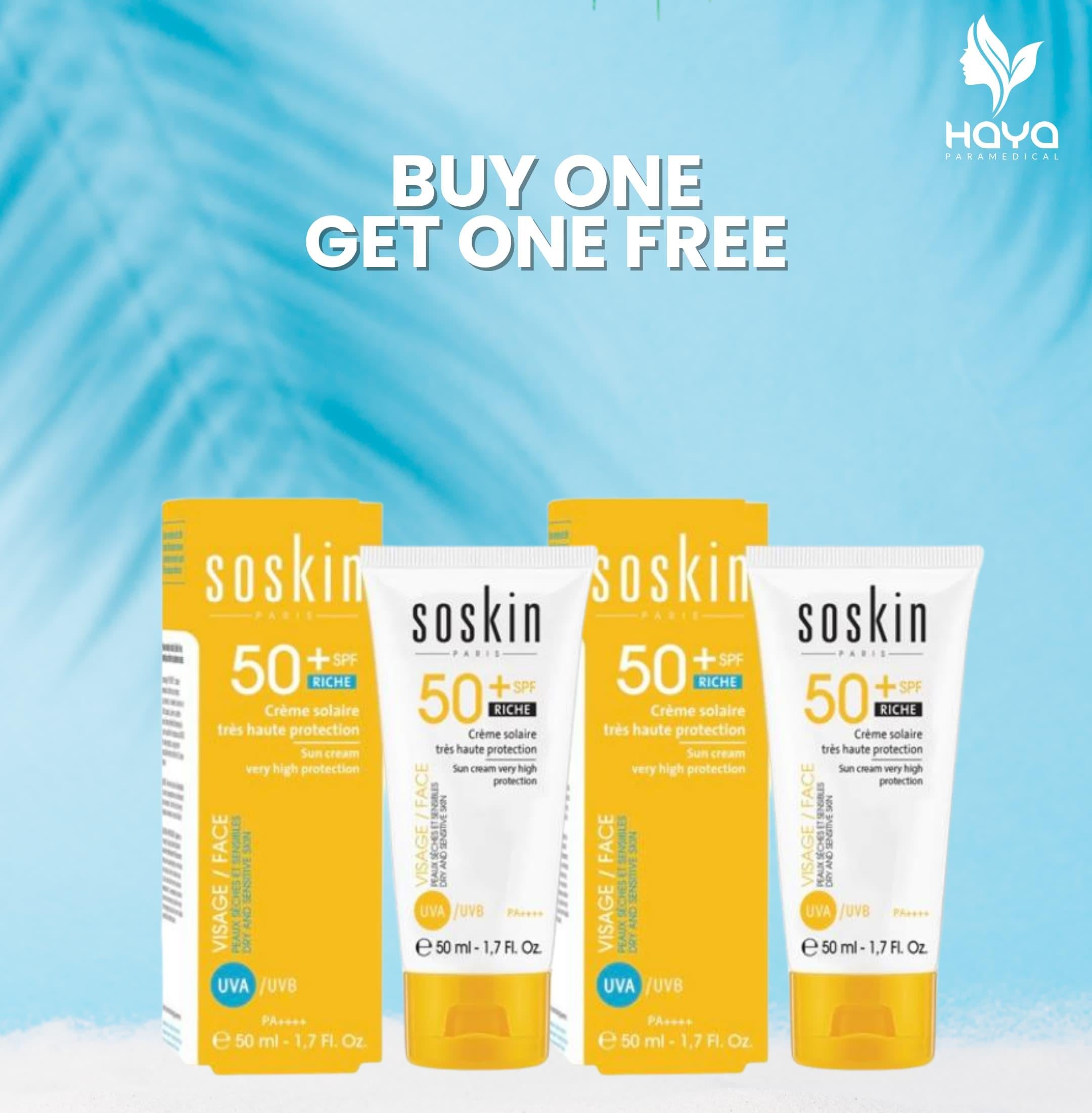 Soskin sunscreen products with promotional text on a blue background
