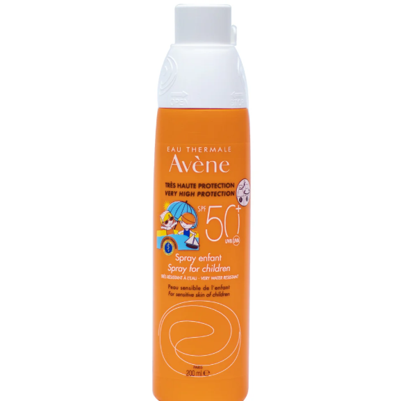 Avene sun spray for children on a white background