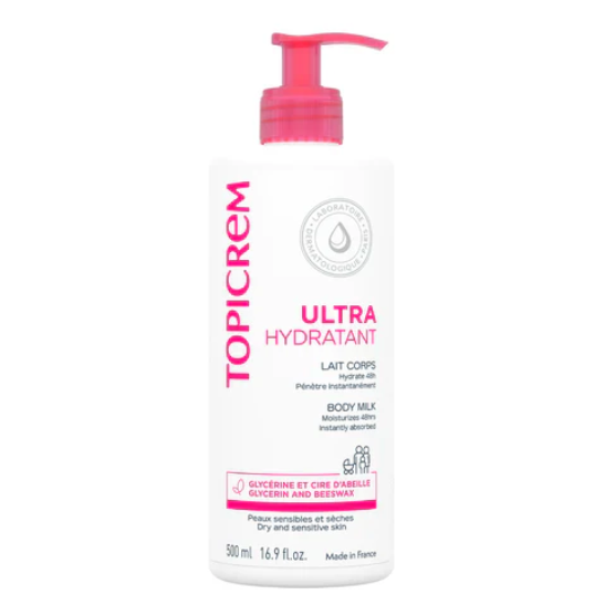 TOPICREM Ultra Hydratant body milk bottle with pink pump on a white background