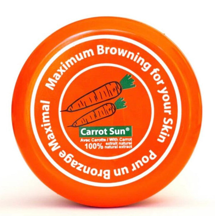 Orange container with carrot illustration and text on a white background