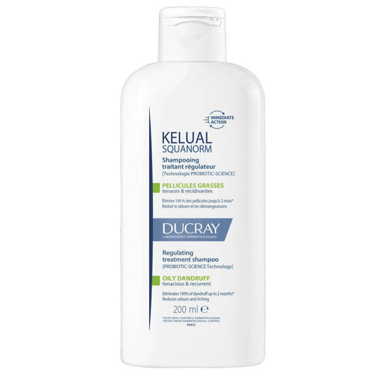 Shampoo bottle labeled 'Kelual Squanorm' by Ducray on a white background