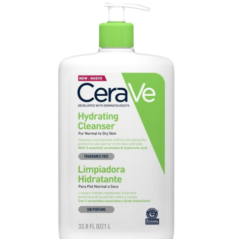 CeraVe hydrating cleanser bottle on a white background