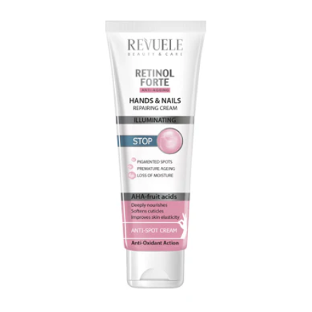 Revuele Retinol Forte hands and nails repairing cream tube on a white background