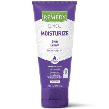 Purple and white tube of Remedy Clinical Moisturize Skin Cream on a white background