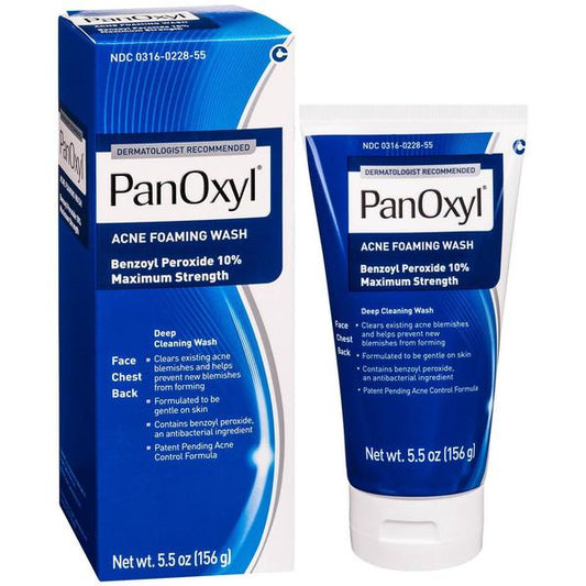 PanOxyl Acne Foaming Wash packaging and tube on a white background