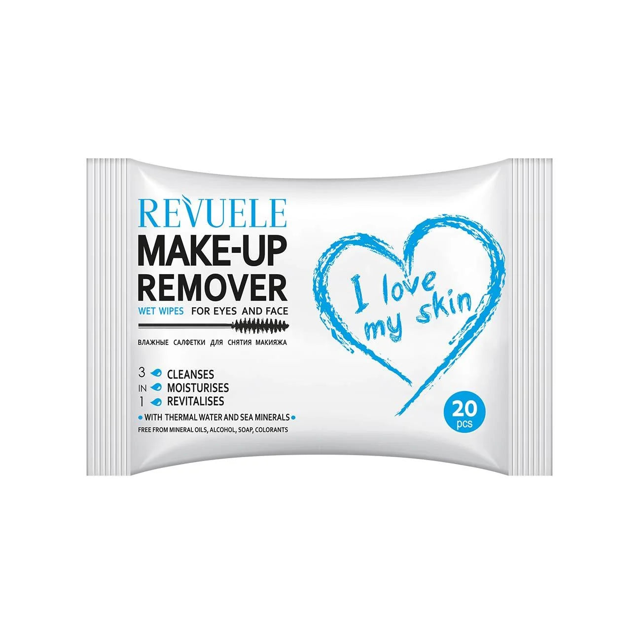 Revuele Wet Wipes Make-Up Remover - I Love My Skin For Eyes And Face With Thermal Water And Sea Minerals - Pack of 20