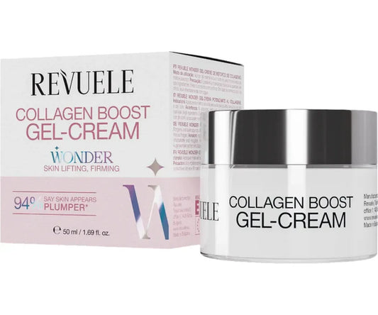 Revuele Collagen Boost Gel-Cream packaging and jar on a white background