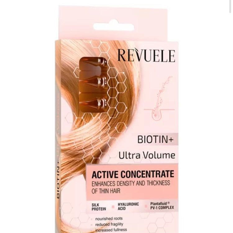 Revuele Biotin+ Ultra Volume hair product packaging on a white background