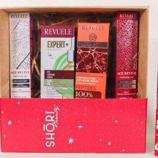 Collection of Revuele skincare products in a box with Shorl branding.