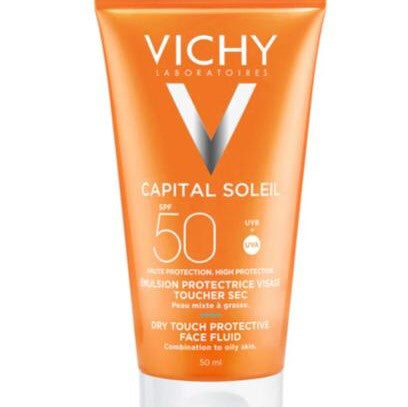 Vichy Capital Soleil sunscreen lotion on a white background
