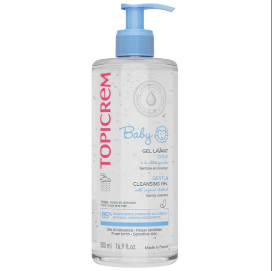 Bottle of Topicrem Baby cleansing gel on a white background