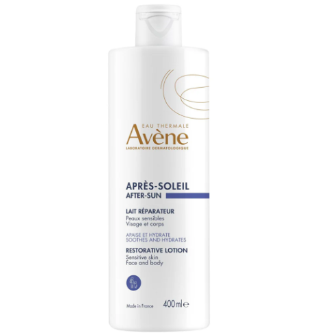 Avene after-sun lotion bottle on a white background