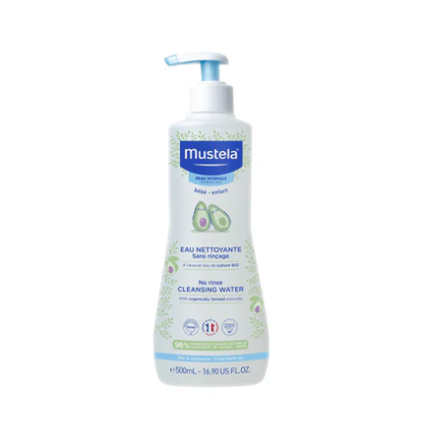 Mustela bottle of cleansing water on a white background
