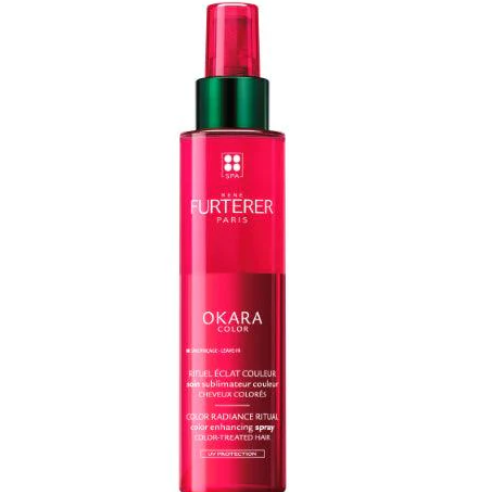 Red spray bottle with green cap labeled 'René Furterer' on a white background